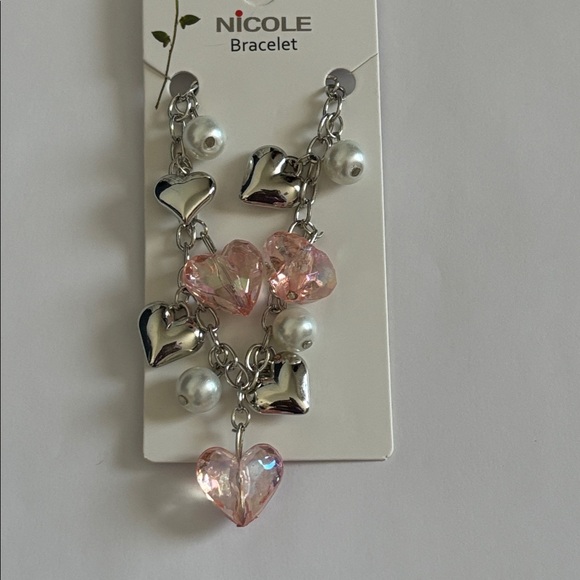 Nicole Silver and Pink Heart Charm Bracelet with Pearls - Picture 1 of 3